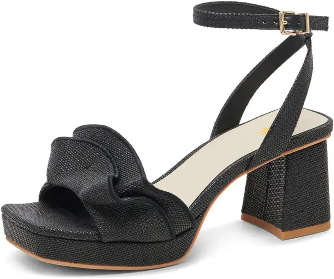 Pazzion Women Platform Square Toe Pleated Ruffle Sandal Block High Heel Strap Buckle Pumps Sexy Club Prom Casual Shoes Size 4-16 US