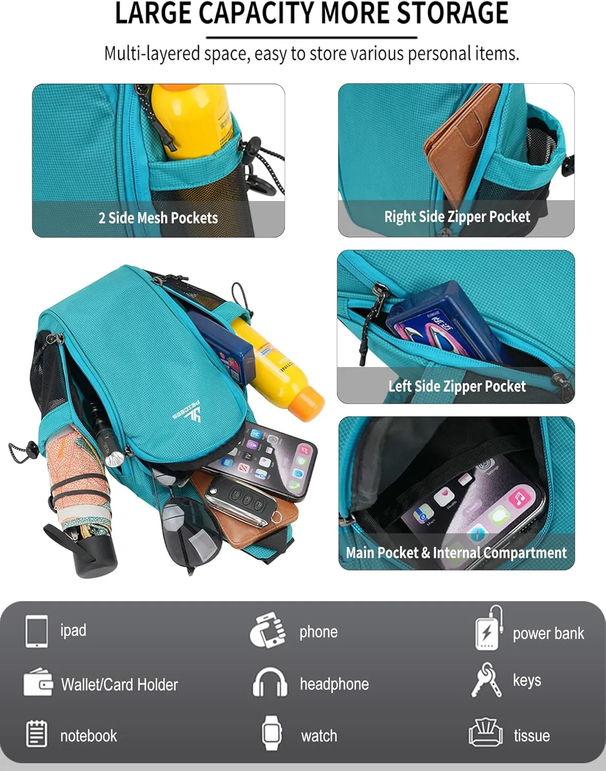 Peicees Small Sling Bag with 2 Bottle Holders, Sling Backpack Crossbody Bag Chest Daypack for Daily Use Travel, Bottle Not Included, Dark Rose