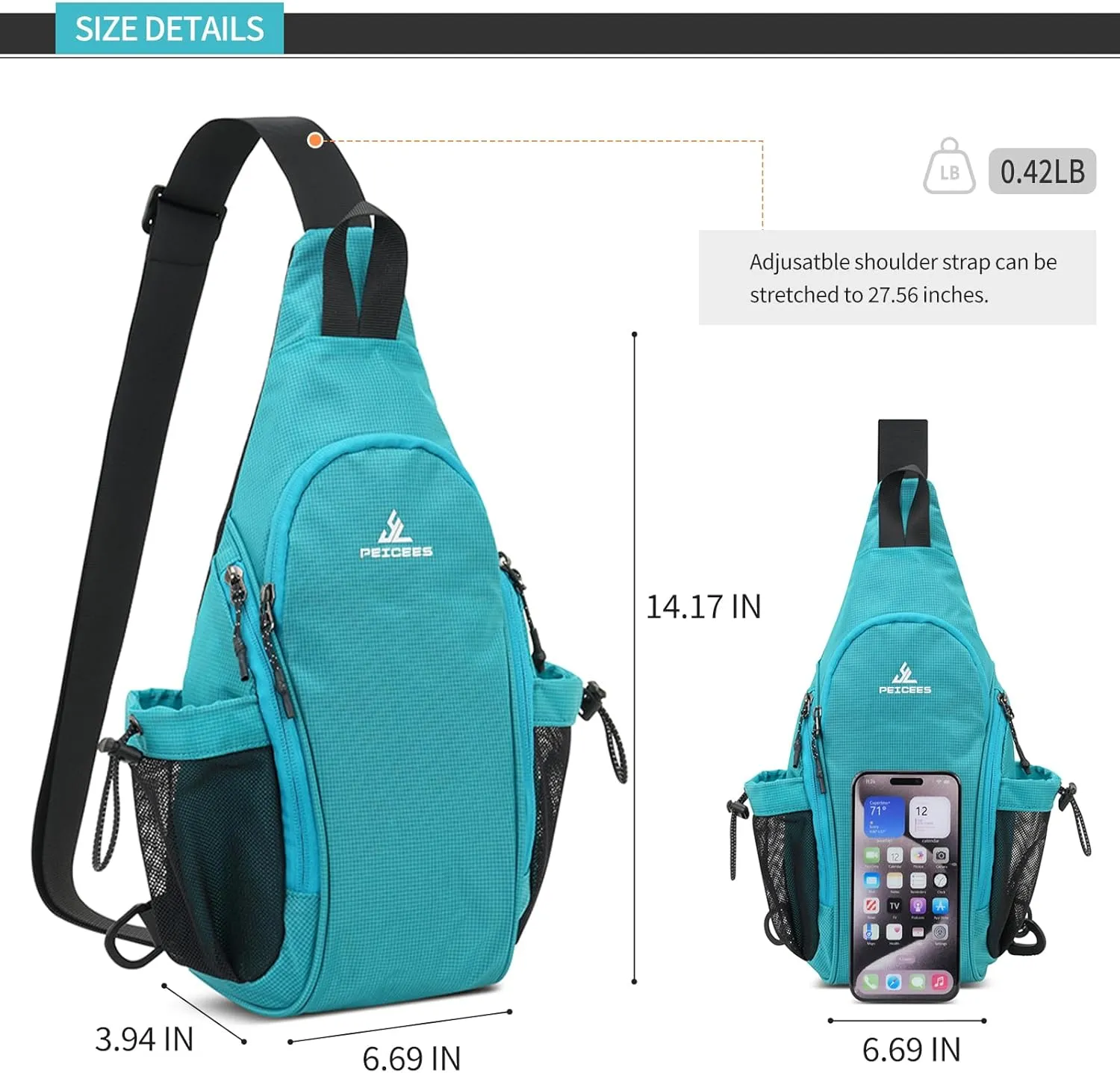 Peicees Small Sling Bag with 2 Bottle Holders, Sling Backpack Crossbody Bag Chest Daypack for Daily Use Travel, Bottle Not Included, Dark Rose