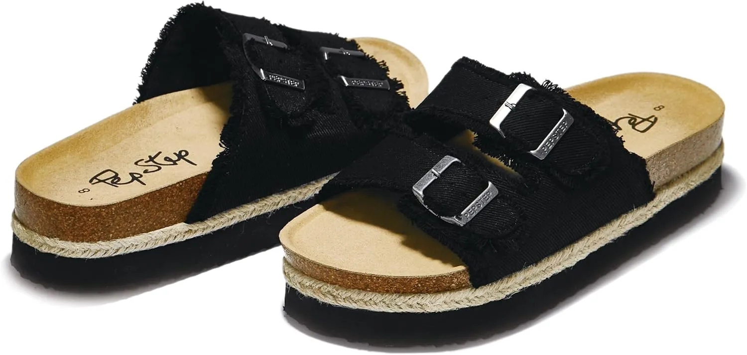 PepStep Slide Sandals for Women with Soft Cork Footbed and Strap, Ladies Fashion Platform Slide Sandals Comfortable Slip On Style