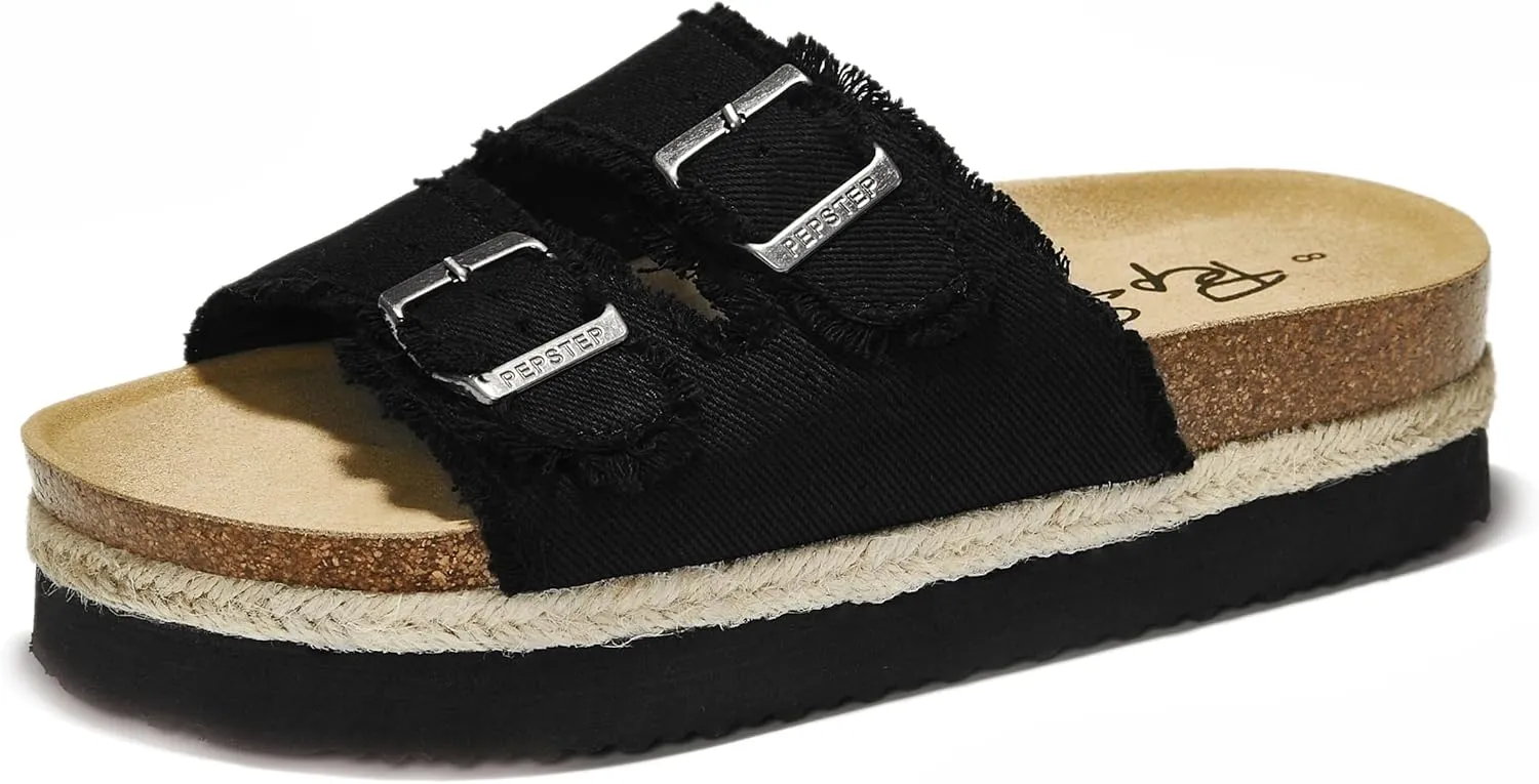 PepStep Slide Sandals for Women with Soft Cork Footbed and Strap, Ladies Fashion Platform Slide Sandals Comfortable Slip On Style