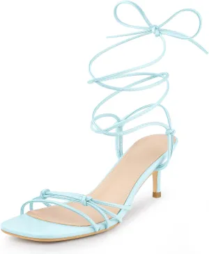 Perphy Strappy Kitten Heel Lace Up Square Toe Strappy Heels Sandals for Women