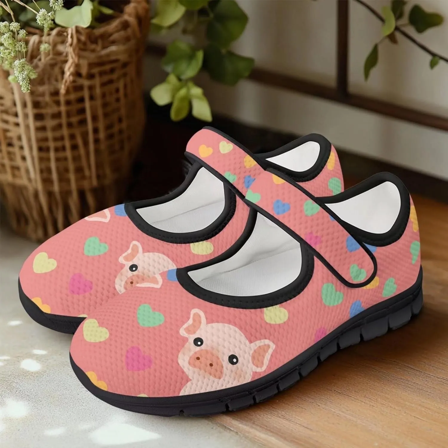 Pig Design Slip On Womens Shoes Casual Comfortable Sneakers Breathable Magic Sticker Convenient Wear Shoes