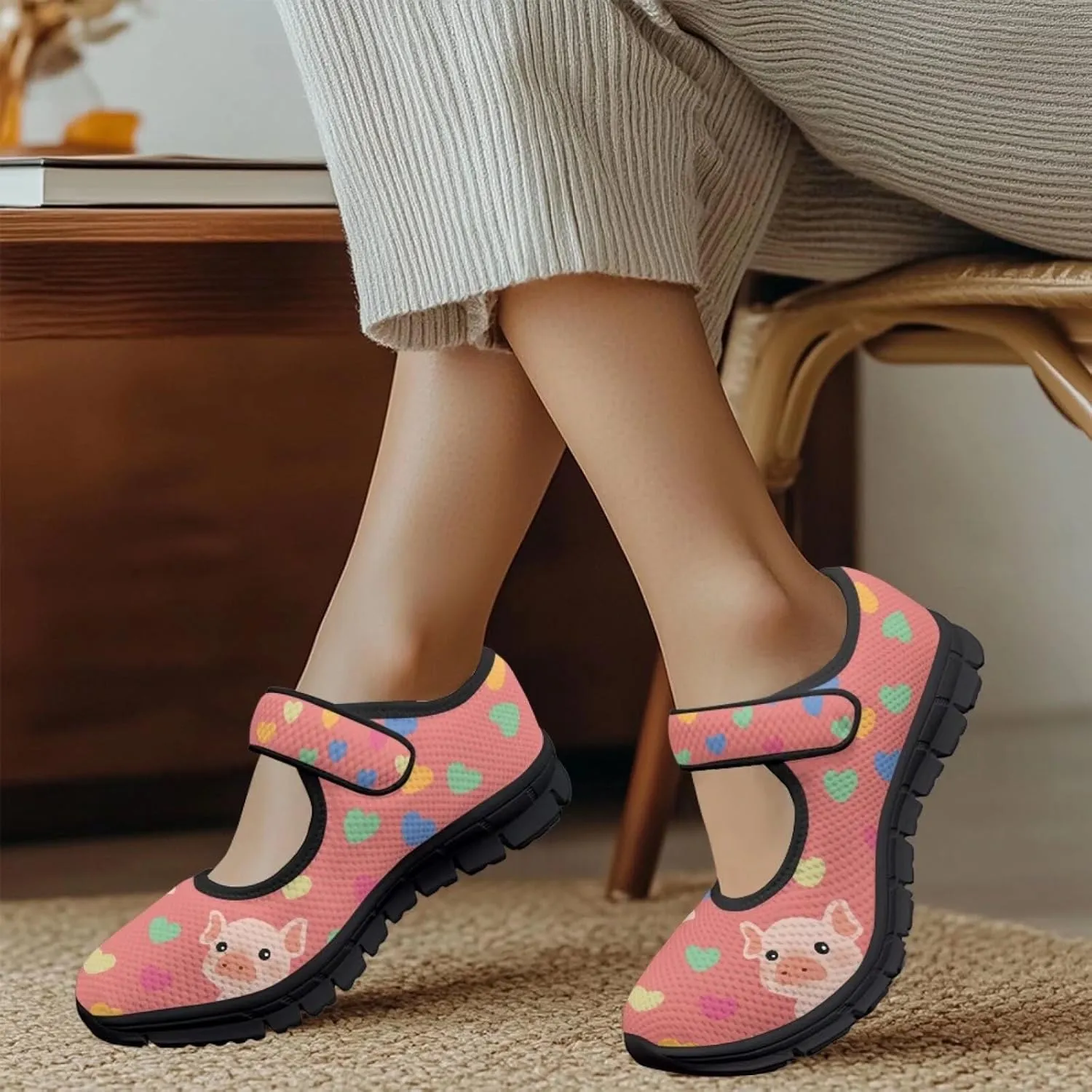Pig Design Slip On Womens Shoes Casual Comfortable Sneakers Breathable Magic Sticker Convenient Wear Shoes