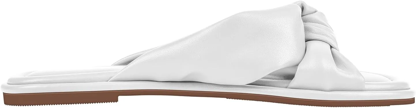 PIZZ ANNU Women's Camila Knotted Slide Sandals with Memory Foam, Comfortable Leather Slip-On Dressy Flat Sandals for Summer & Beach