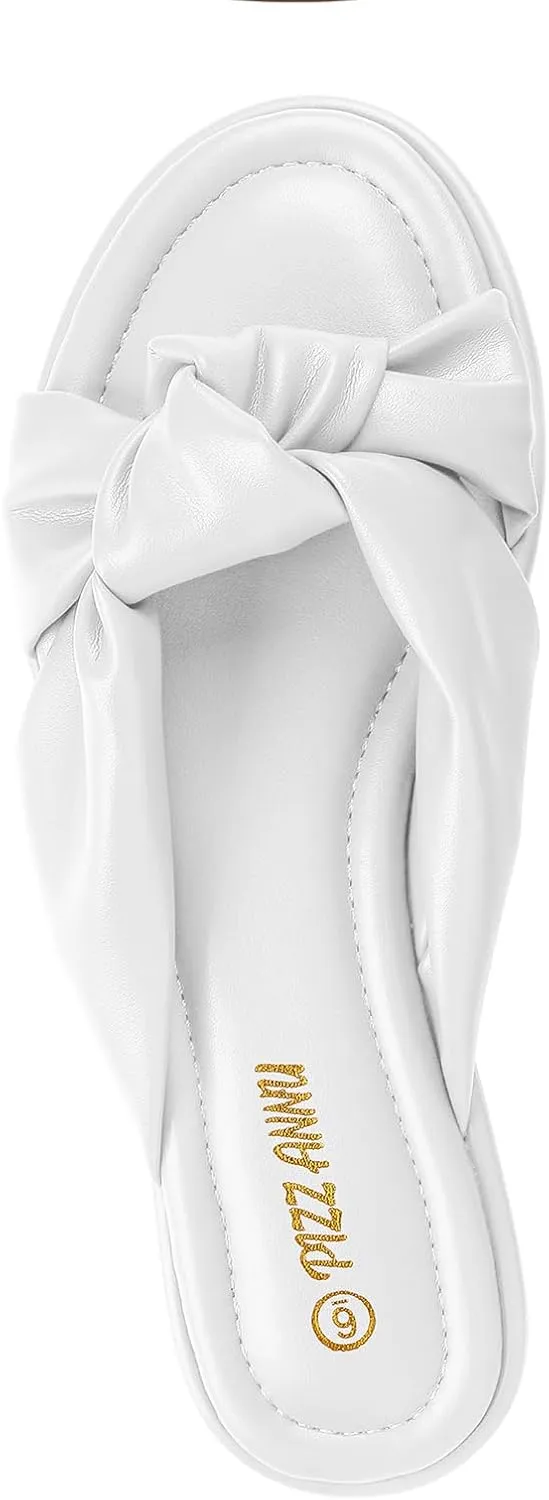 PIZZ ANNU Women's Camila Knotted Slide Sandals with Memory Foam, Comfortable Leather Slip-On Dressy Flat Sandals for Summer & Beach