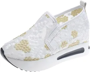 Platform Wedge Sneakers for Women Slip on Loafers Comfortable Thick Soft Shoes Arch Support Walking Work Shoes Breathable Sheer Mesh Lace Fashion Shoe Comfort Sneaker