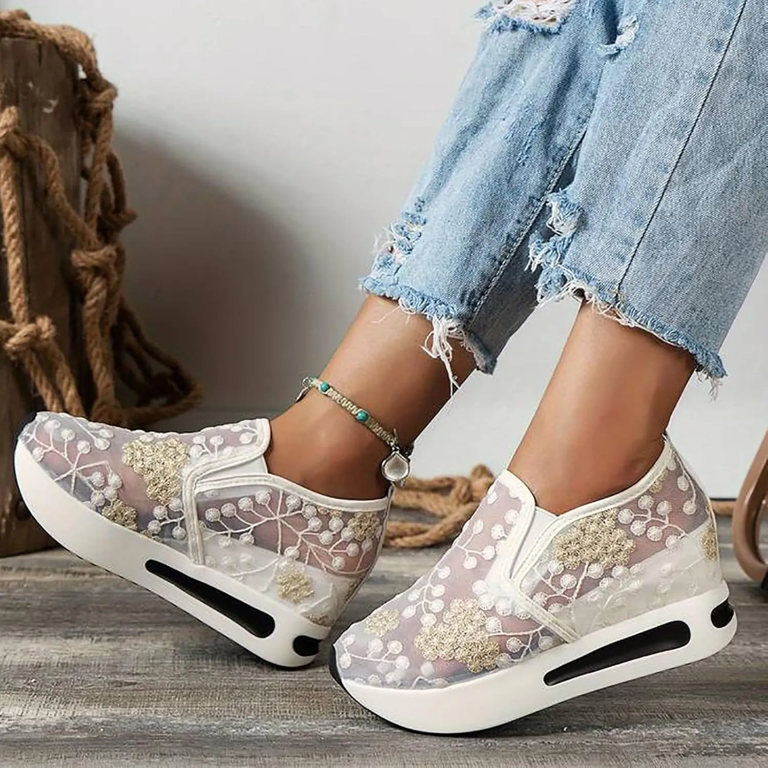 Platform Wedge Sneakers for Women Slip on Loafers Comfortable Thick Soft Shoes Arch Support Walking Work Shoes Breathable Sheer Mesh Lace Fashion Shoe Comfort Sneaker