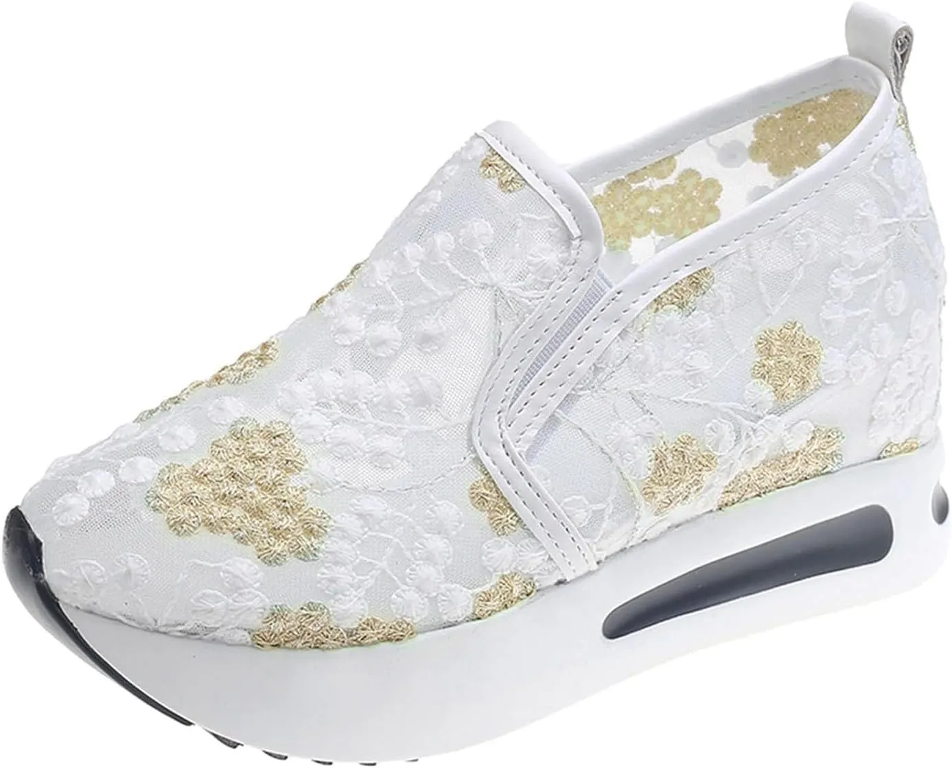 Platform Wedge Sneakers for Women Slip on Loafers Comfortable Thick Soft Shoes Arch Support Walking Work Shoes Breathable Sheer Mesh Lace Fashion Shoe Comfort Sneaker
