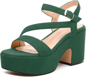 Platform Wedges Women - Chunky Heel Sandals with Adjustable Ankle Strap, Open Round Toe Solid Color for Office, Parties & Daily Wear
