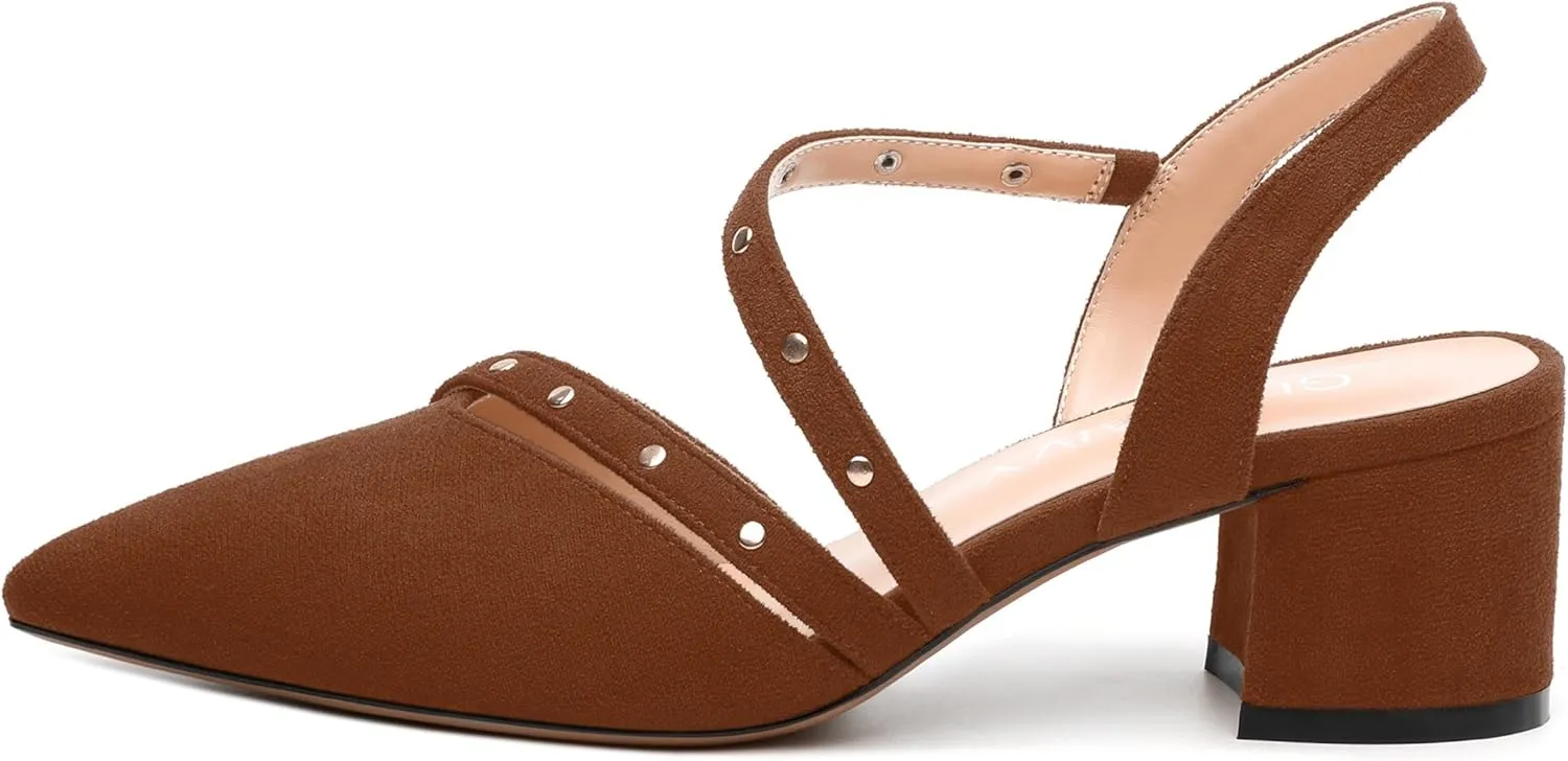 Pointed Toe Pumps Women - Low Chunky Heel Slingback Slip-On, Solid Color Shoes for Wedding Guest, Cocktail Parties & Daily Use