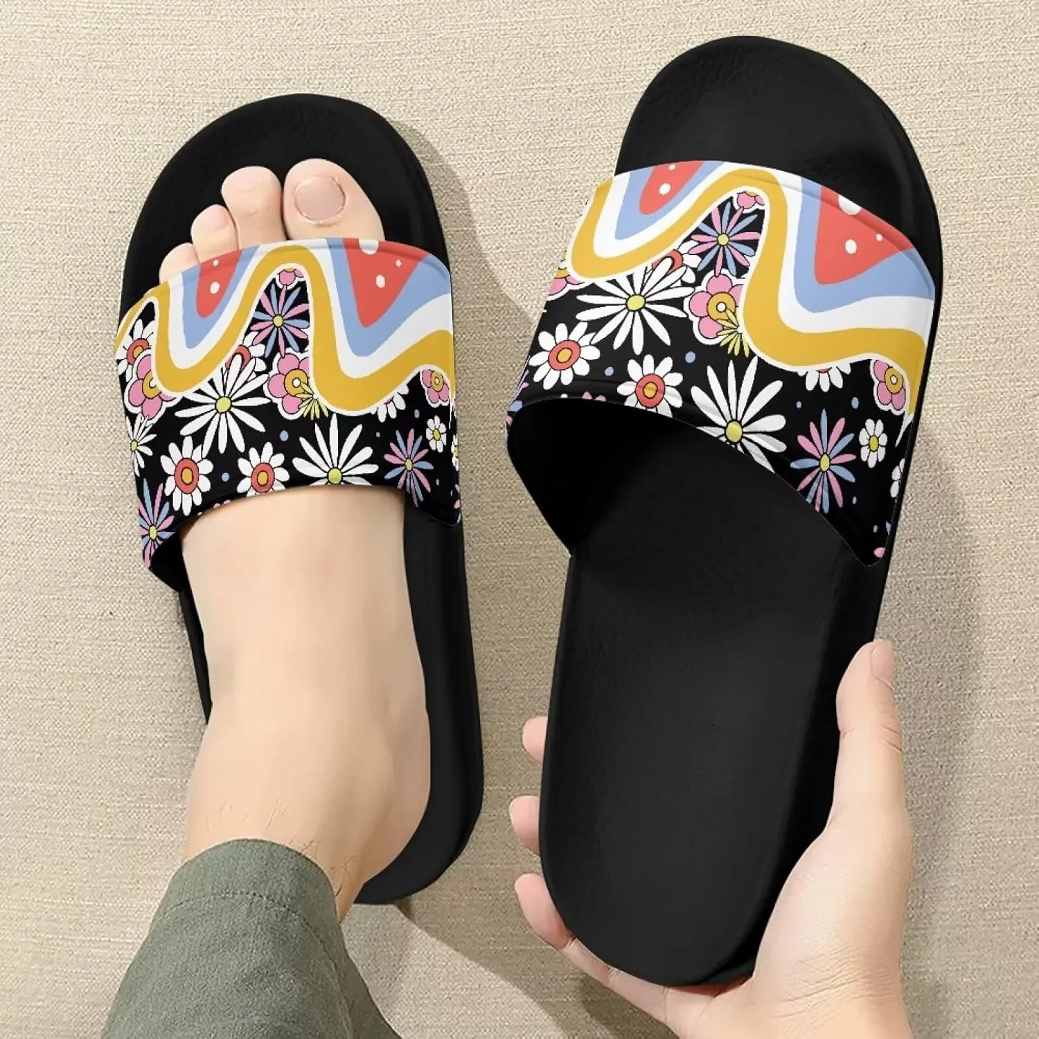 Pool Sandals Women Non Slip Slip on Sandals Women Comfortable Black