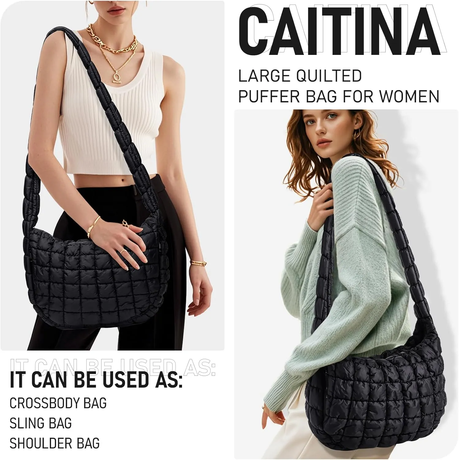 Puffer Bag for Women,Large Lightweight Quilted Tote Bag for Women Puffy Hobo Crossbody Handbags with Padding,Zip Pockets