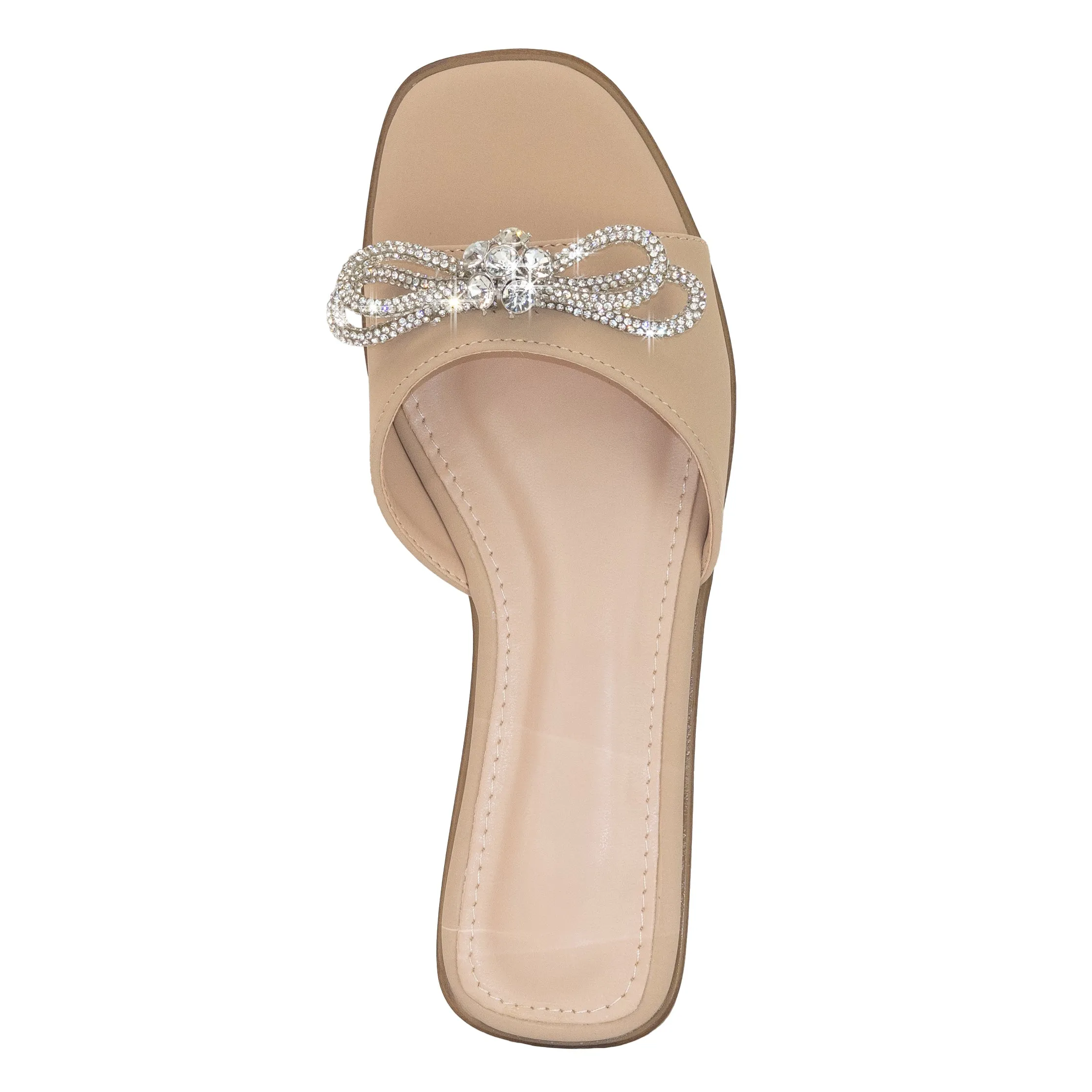 Quebec - Rhinestone Bow Strap Flat Sandals, Square Toe Design, Stylish & Comfortable for Summer Days