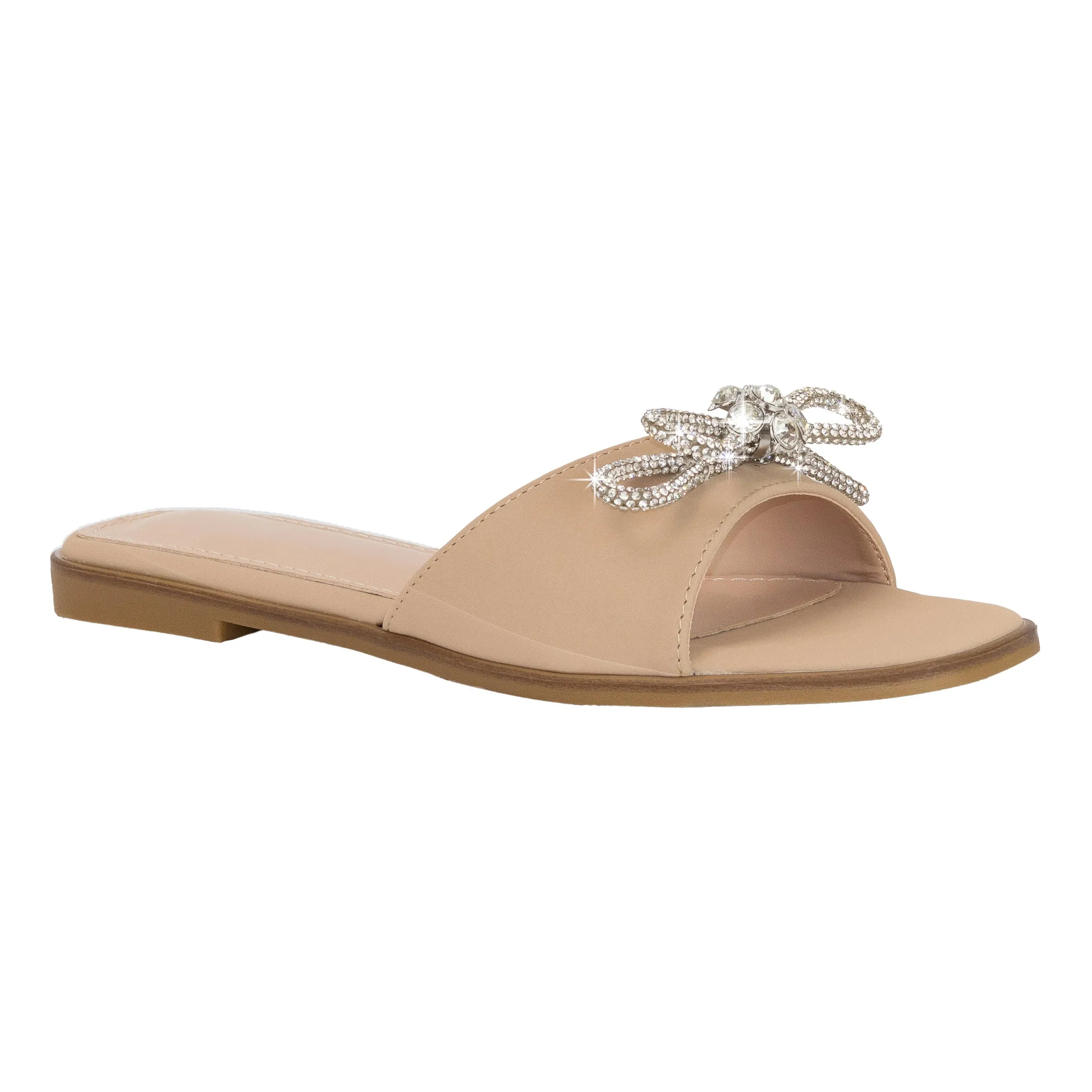 Quebec - Rhinestone Bow Strap Flat Sandals, Square Toe Design, Stylish & Comfortable for Summer Days