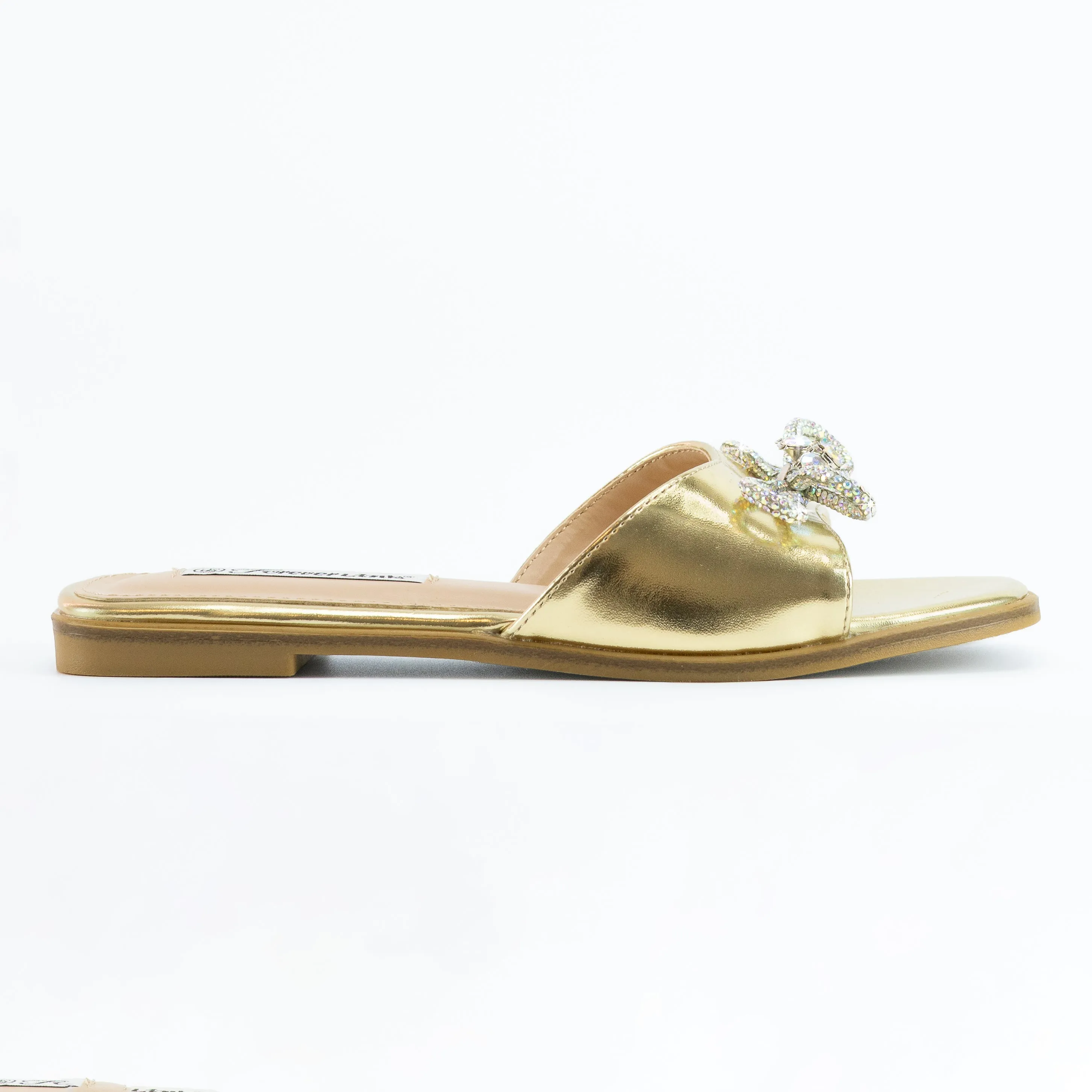 Quebec - Rhinestone Bow Strap Flat Sandals, Square Toe Design, Stylish & Comfortable for Summer Days