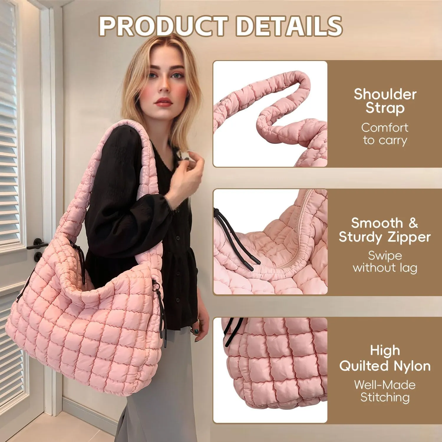 Quilted Tote Bag, Puffer Bag for Women, Large Puffy Shoulder Bag, Lightweight Checkered Purse, Soft Padded Hobo Bag