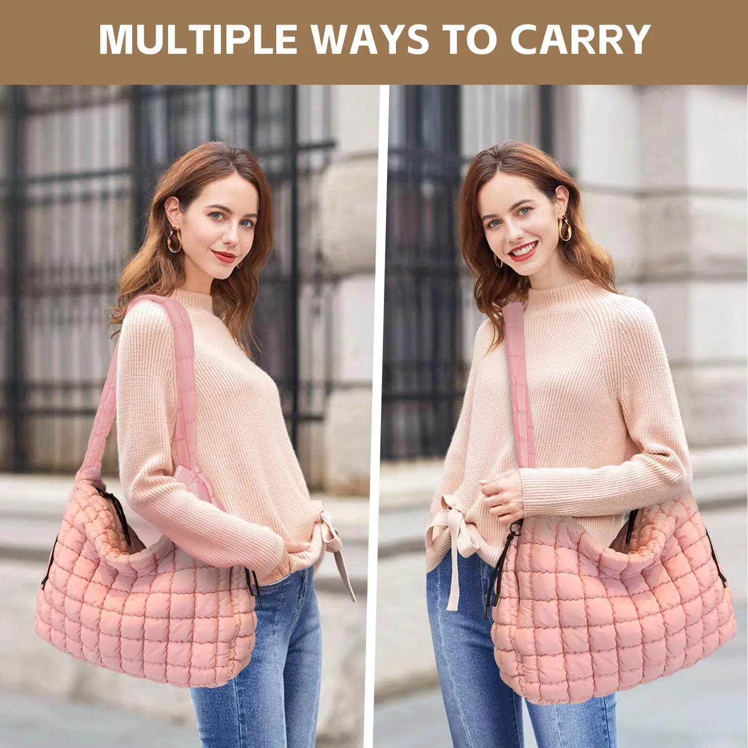 Quilted Tote Bag, Puffer Bag for Women, Large Puffy Shoulder Bag, Lightweight Checkered Purse, Soft Padded Hobo Bag