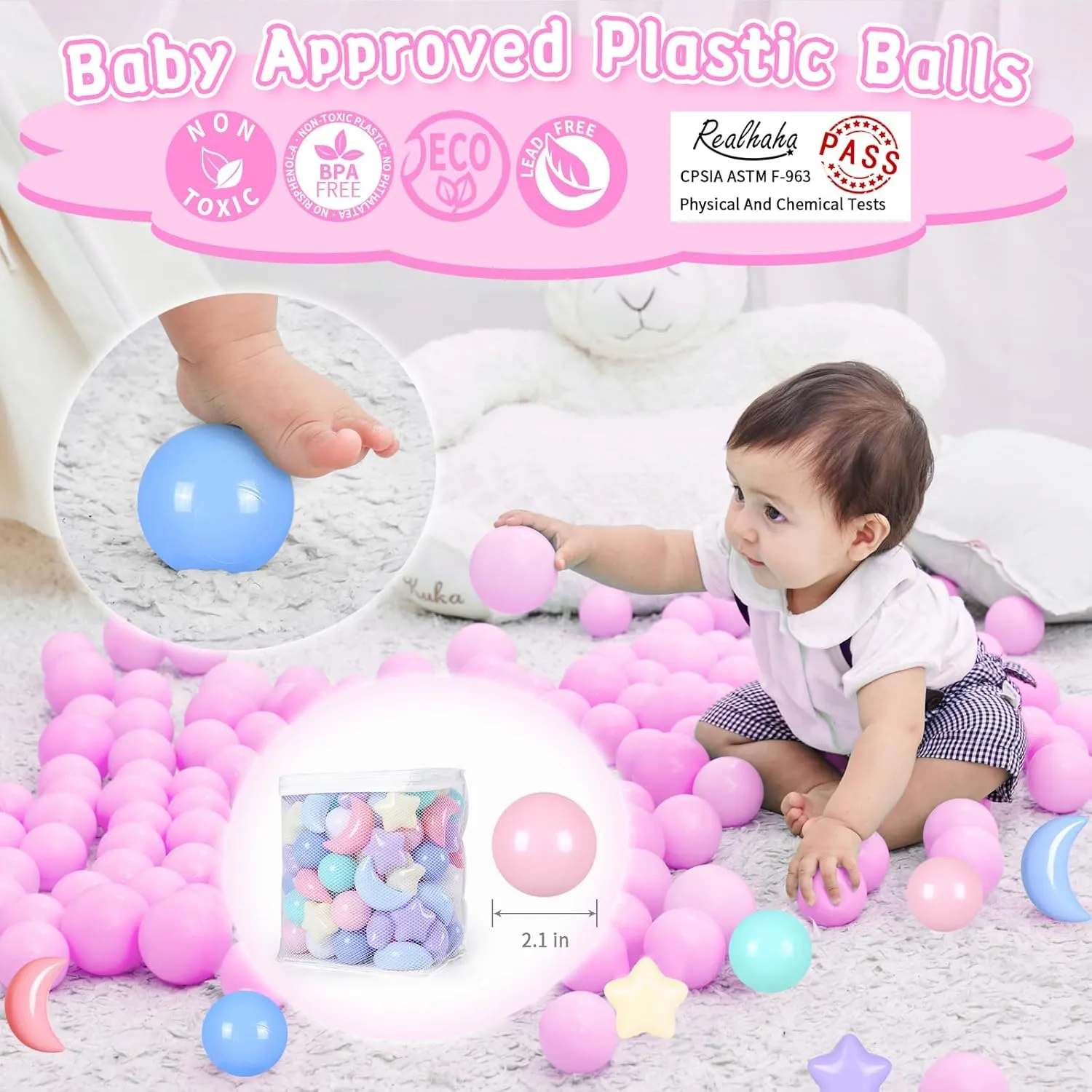 Realhaha Ball Pits Balls Shapes for Toddlers,100pcs Plastic Star Balls for Slide,Playpen, Birthday Party, Christmas Decoration, Great Gift for Boys Girls, Small or Medium