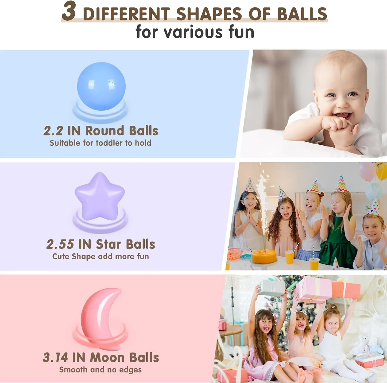 Realhaha Ball Pits Balls Shapes for Toddlers,100pcs Plastic Star Balls for Slide,Playpen, Birthday Party, Christmas Decoration, Great Gift for Boys Girls, Small or Medium