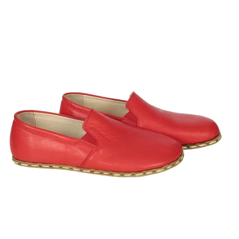 Red Slip-On Wide Barefoot Smooth Leather Handmade Sport Shoes