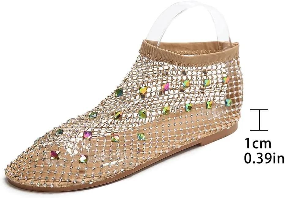 Rhinestone Ballet Flats Women Breathable Fishnet Sandals Low Heel Slip On Sparkle Sandals Casual Dress Shoes 2025