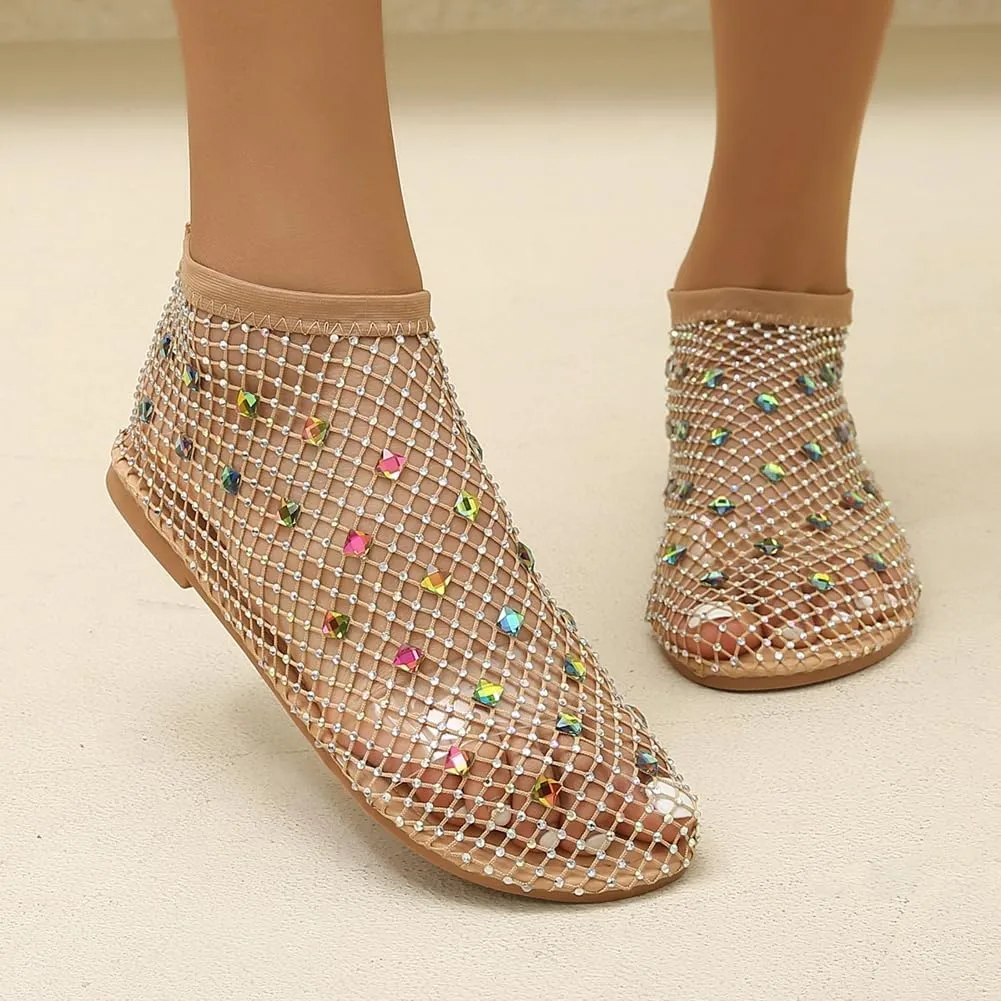 Rhinestone Ballet Flats Women Breathable Fishnet Sandals Low Heel Slip On Sparkle Sandals Casual Dress Shoes 2025