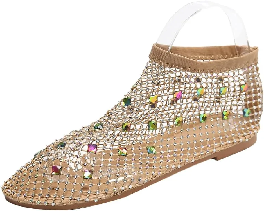 Rhinestone Ballet Flats Women Breathable Fishnet Sandals Low Heel Slip On Sparkle Sandals Casual Dress Shoes 2025