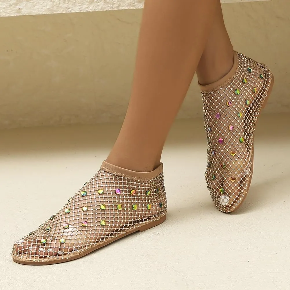 Rhinestone Ballet Flats Women Breathable Fishnet Sandals Low Heel Slip On Sparkle Sandals Casual Dress Shoes 2025