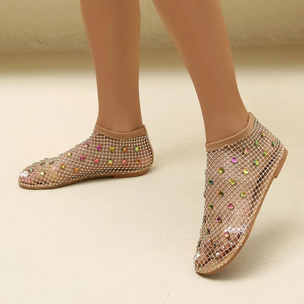 Rhinestone Ballet Flats Women Breathable Fishnet Sandals Low Heel Slip On Sparkle Sandals Casual Dress Shoes 2025