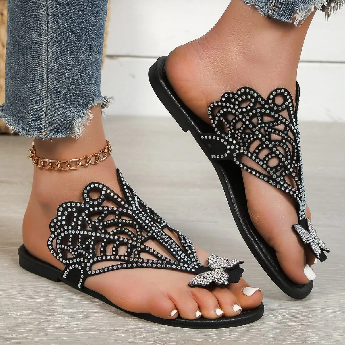 Rhinestone Hollow Slip-On Sandals