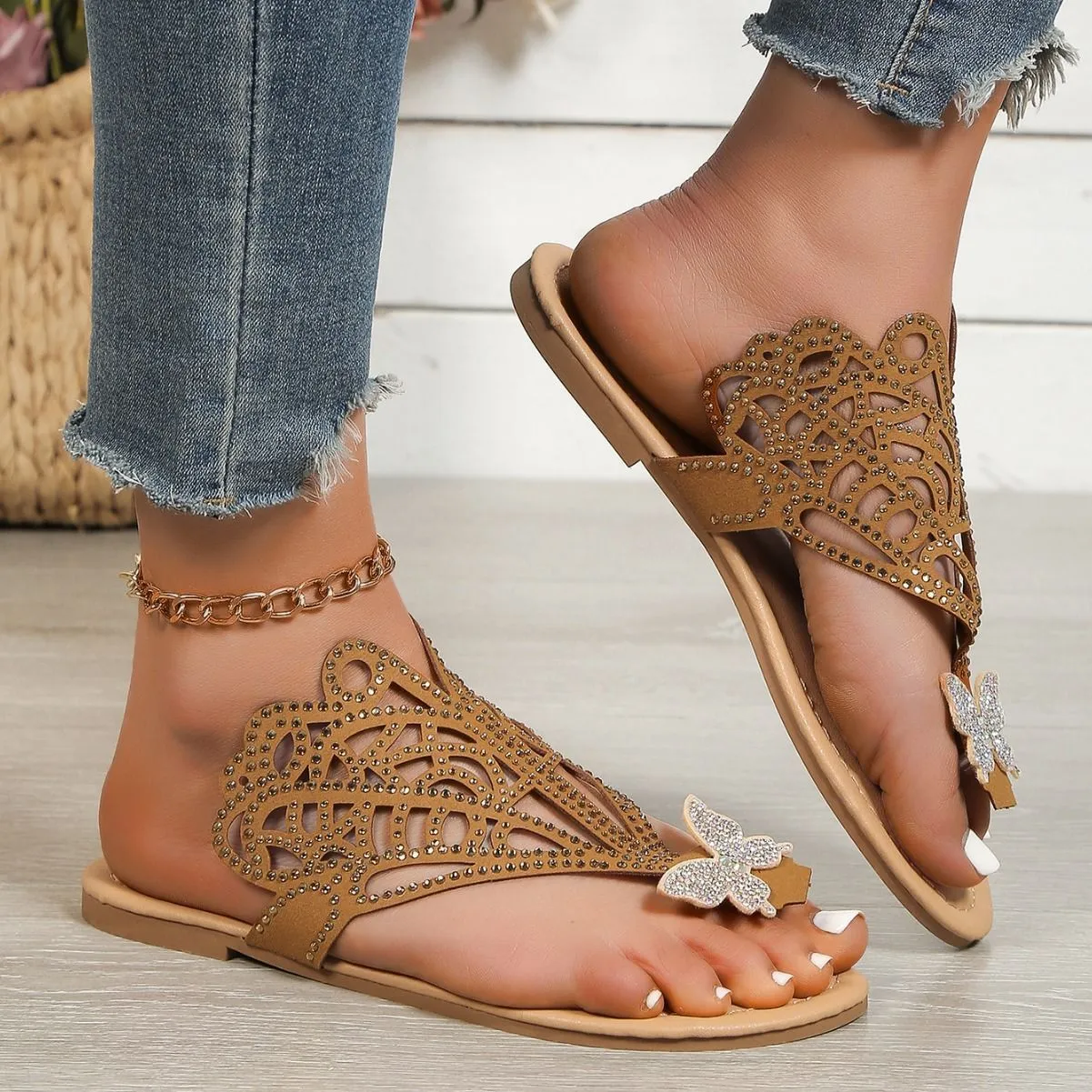Rhinestone Hollow Slip-On Sandals