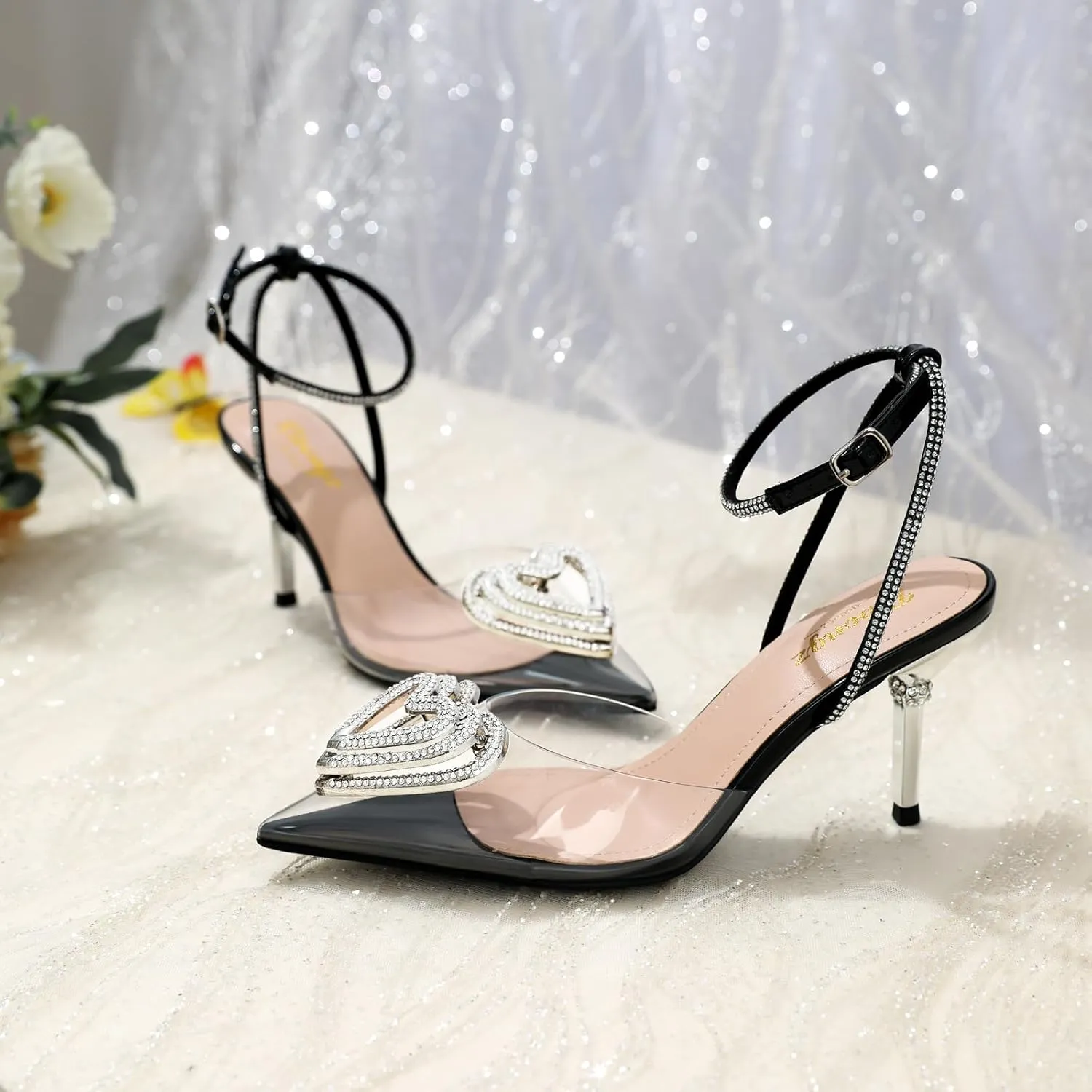 RIBONGZ Women's Wedding Shoes Glitter Sparkly Pointed Toe Strappy High Heels Sexy Ankle Strap Pumps Bridal Party Work Dress Shoes