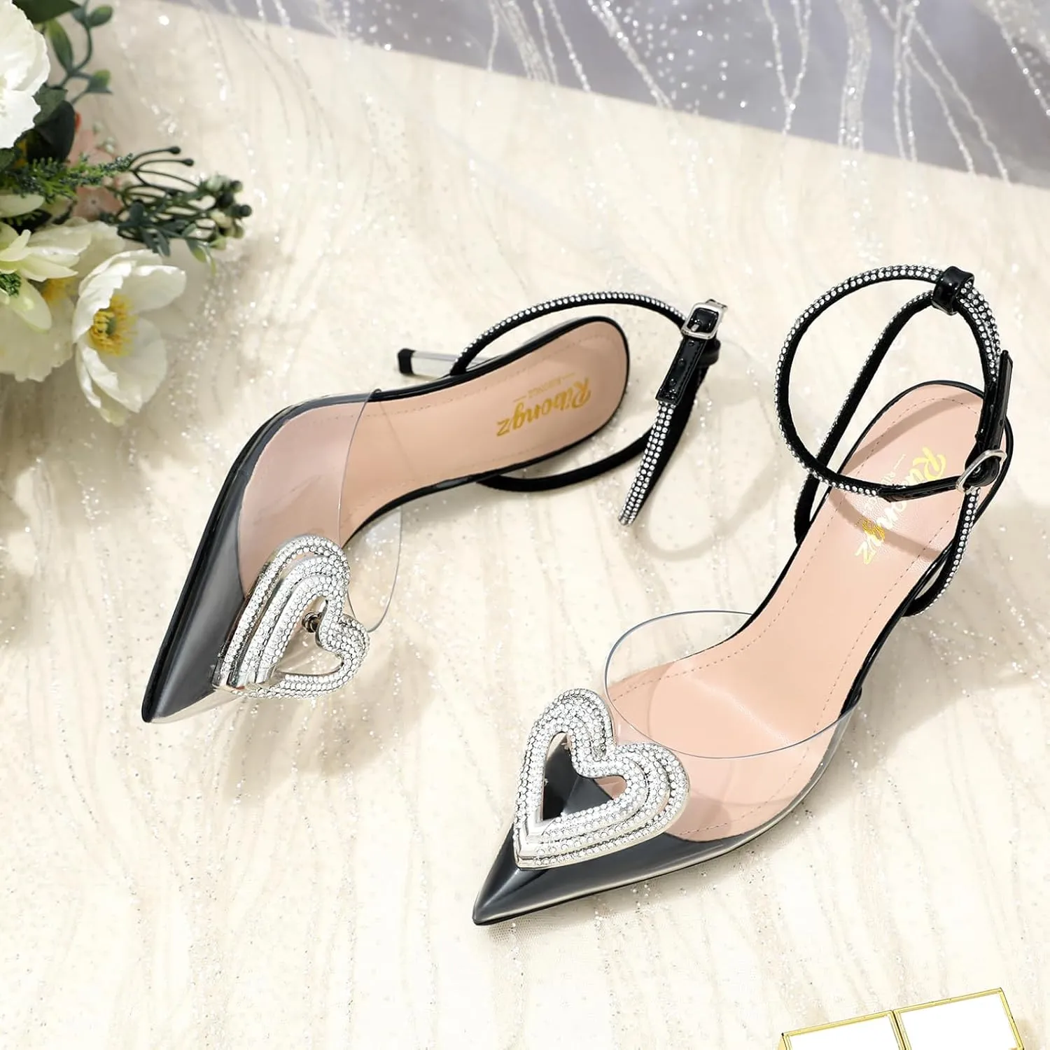 RIBONGZ Women's Wedding Shoes Glitter Sparkly Pointed Toe Strappy High Heels Sexy Ankle Strap Pumps Bridal Party Work Dress Shoes