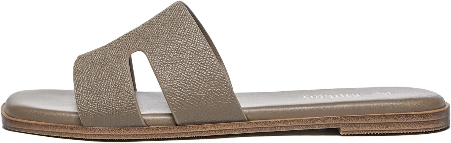Rihero Women's Dressy Flat Sandals Comfortable Slip On Leather Slide Sandals