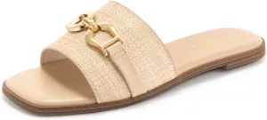 Rihero Women's Flat Sandals Comfortable Dressy Square Peep Toe Slides Slip On Beach Cute Ladies Raffia Sandals Size 5.5