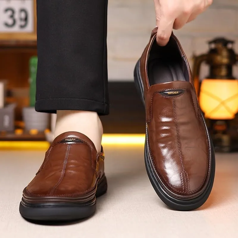 Round Toe Leather Shoes Men's Business Casual Loafers Men Lightweight Soft Breathable Slip-on Shoes