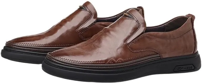 Round Toe Leather Shoes Men's Business Casual Loafers Men Lightweight Soft Breathable Slip-on Shoes