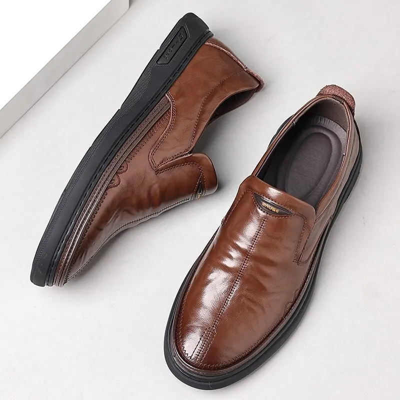 Round Toe Leather Shoes Men's Business Casual Loafers Men Lightweight Soft Breathable Slip-on Shoes