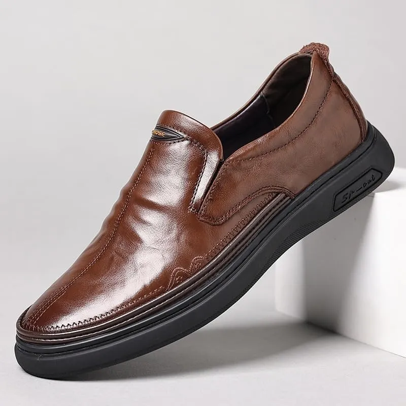 Round Toe Leather Shoes Men's Business Casual Loafers Men Lightweight Soft Breathable Slip-on Shoes