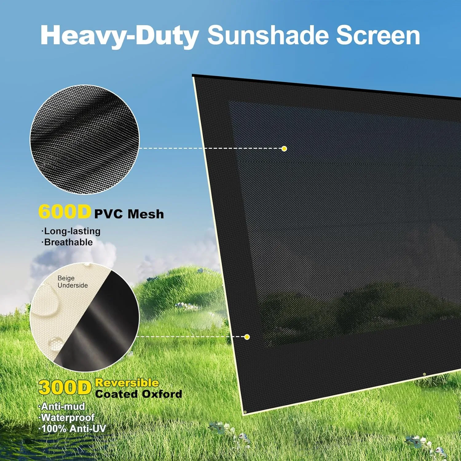 RV Awning Sun Shade Screen 15'3''×8', Heavy-Duty 600D PVC Mesh, Camping Trailer Awning Shadescreen for UV Protection ＆ Privacy
