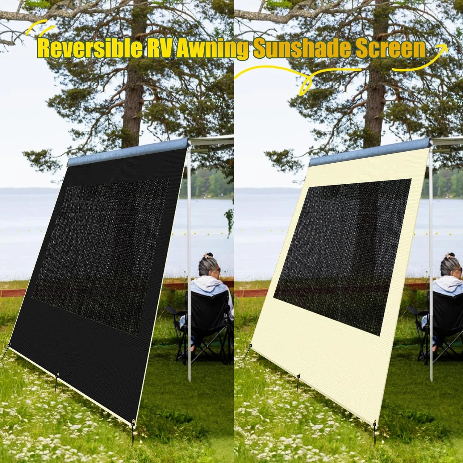 RV Awning Sun Shade Screen 15'3''×8', Heavy-Duty 600D PVC Mesh, Camping Trailer Awning Shadescreen for UV Protection ＆ Privacy