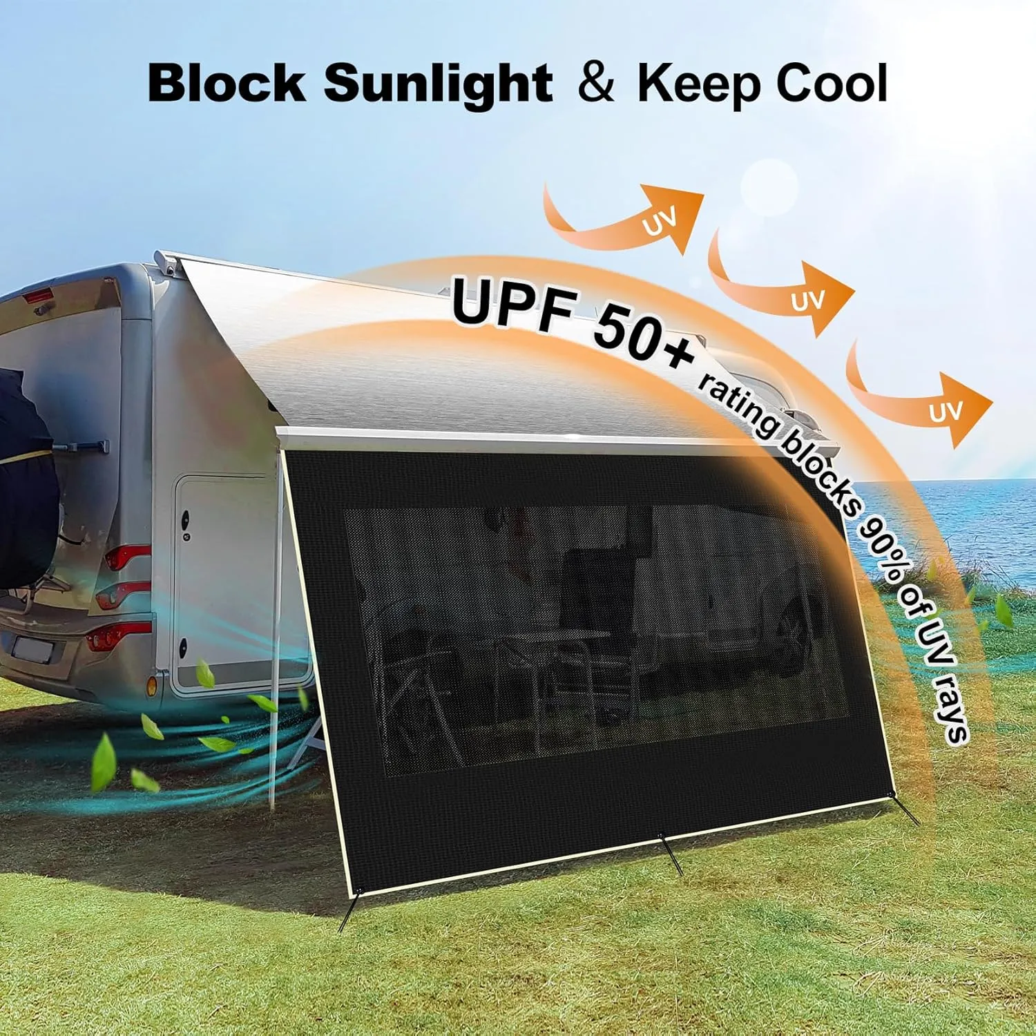 RV Awning Sun Shade Screen 15'3''×8', Heavy-Duty 600D PVC Mesh, Camping Trailer Awning Shadescreen for UV Protection ＆ Privacy