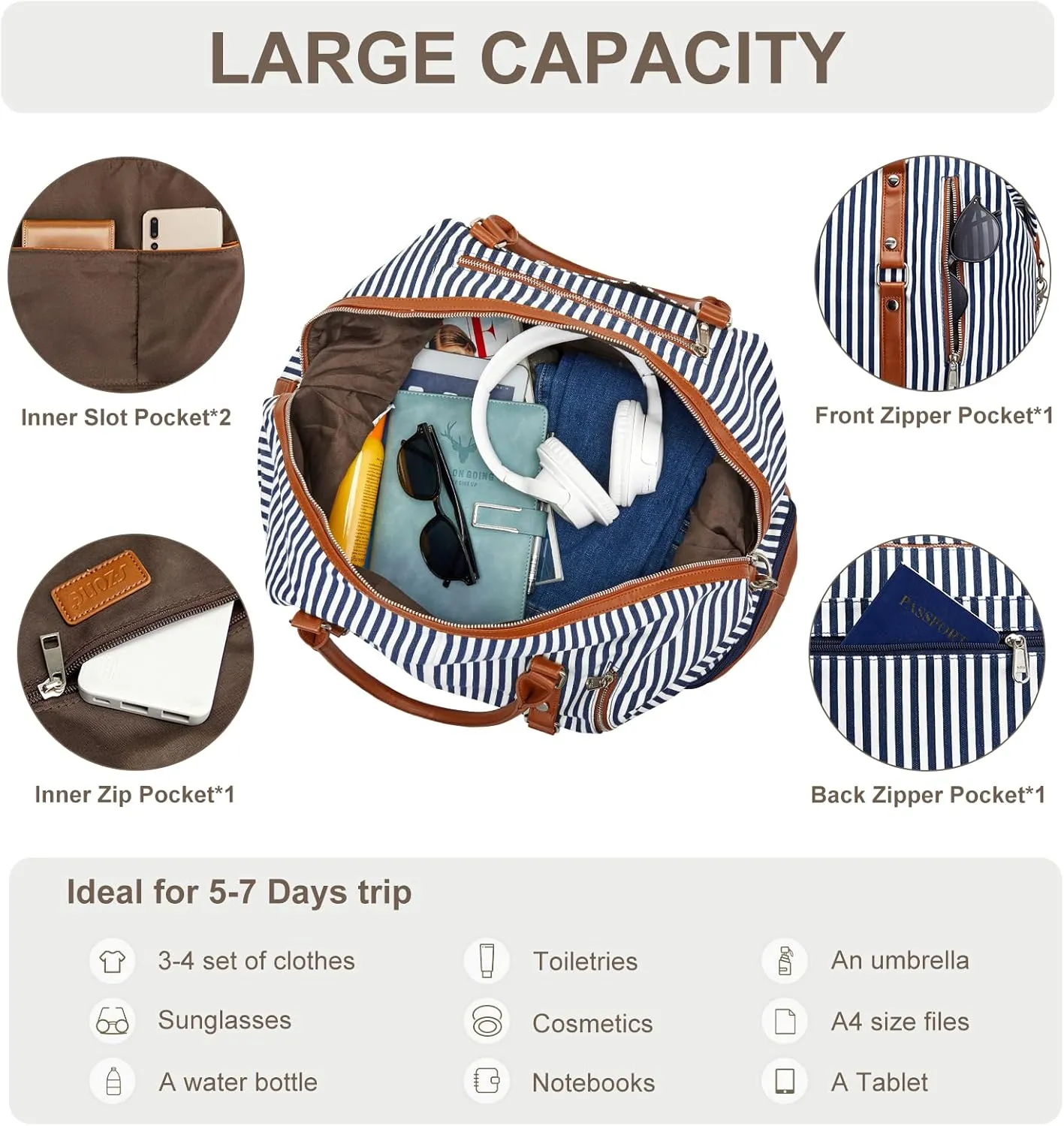 S-ZONE 21" Weekender Bags for Women 50L Canvas Overnight Weekend Bag with Shoe Compartment
