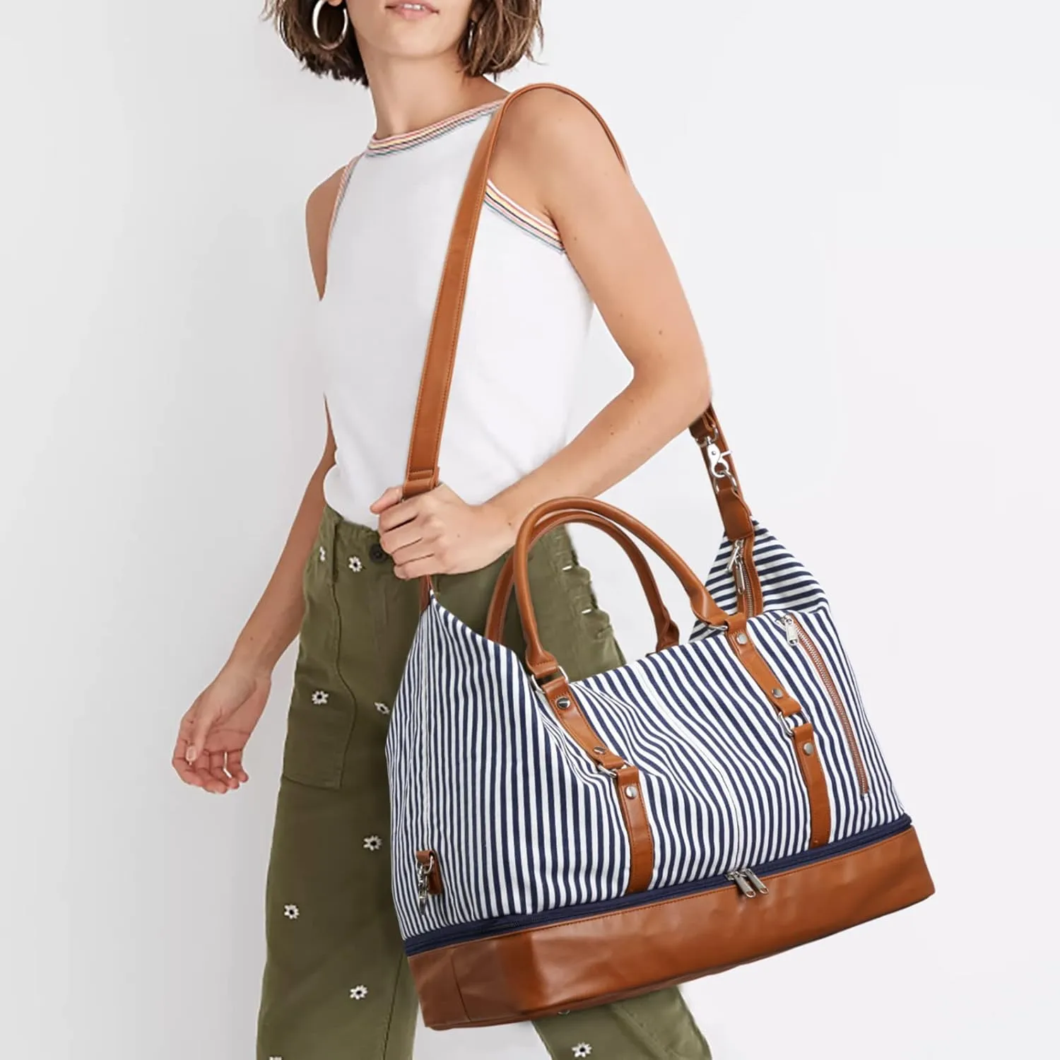 S-ZONE 21" Weekender Bags for Women 50L Canvas Overnight Weekend Bag with Shoe Compartment