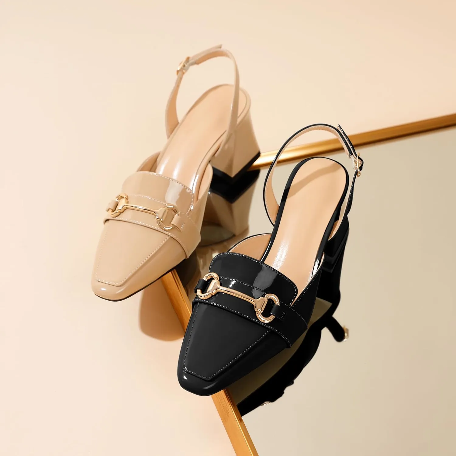 SAMMITOP Women Slingback Low Chunky Heels Loafer Pumps Metal Buckle Block Heeled Sandals Closed Square Toe Dress Shoes Work Office Casual 2.5 Inch