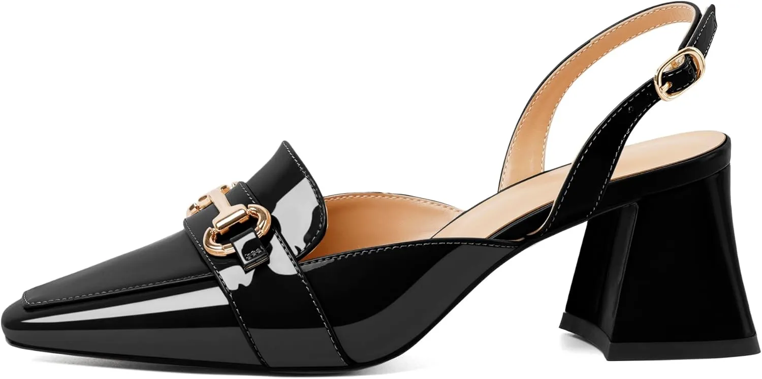 SAMMITOP Women Slingback Low Chunky Heels Loafer Pumps Metal Buckle Block Heeled Sandals Closed Square Toe Dress Shoes Work Office Casual 2.5 Inch