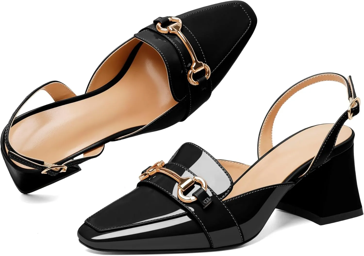 SAMMITOP Women Slingback Low Chunky Heels Loafer Pumps Metal Buckle Block Heeled Sandals Closed Square Toe Dress Shoes Work Office Casual 2.5 Inch