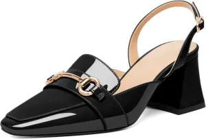 SAMMITOP Women Slingback Low Chunky Heels Loafer Pumps Metal Buckle Block Heeled Sandals Closed Square Toe Dress Shoes Work Office Casual 2.5 Inch