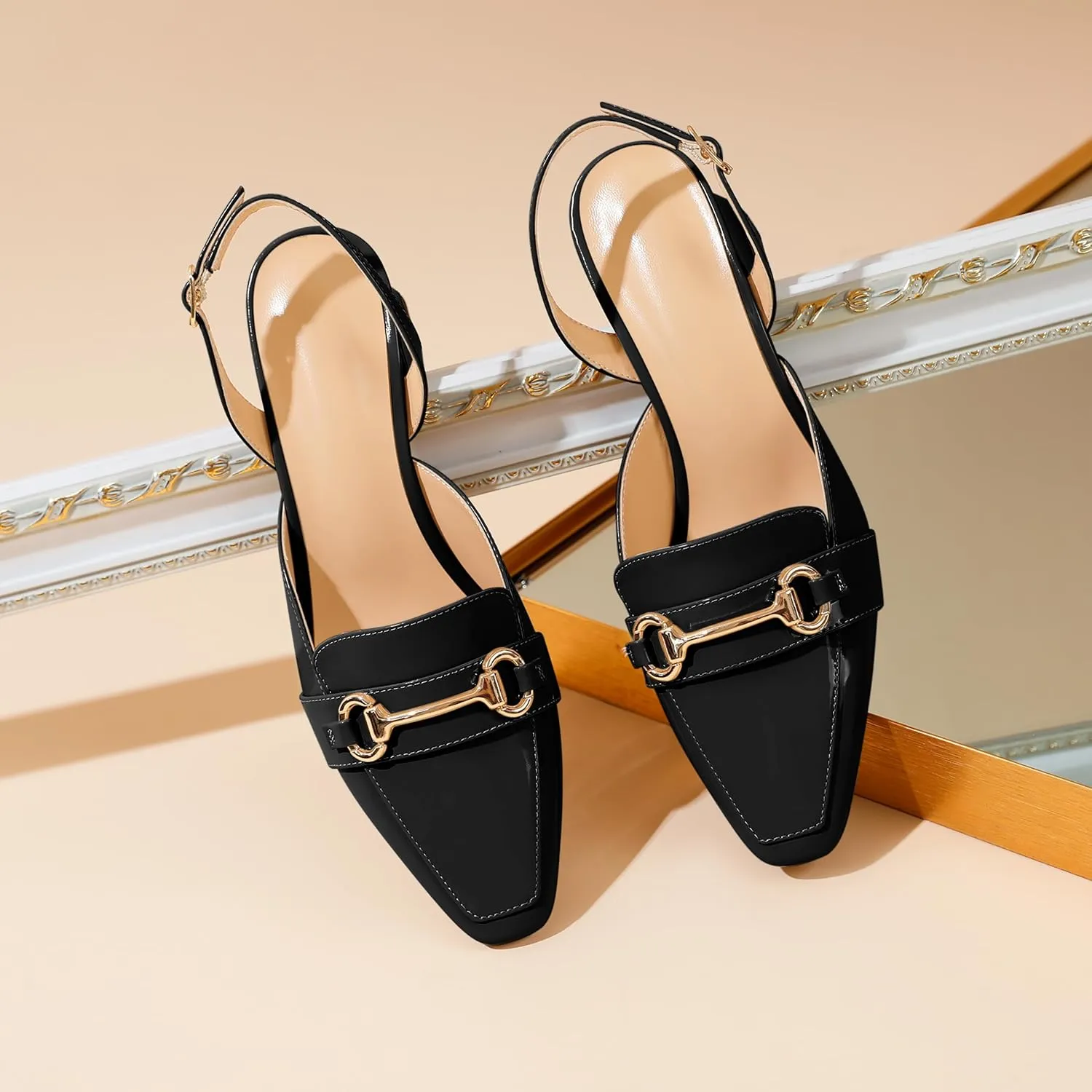 SAMMITOP Women Slingback Low Chunky Heels Loafer Pumps Metal Buckle Block Heeled Sandals Closed Square Toe Dress Shoes Work Office Casual 2.5 Inch
